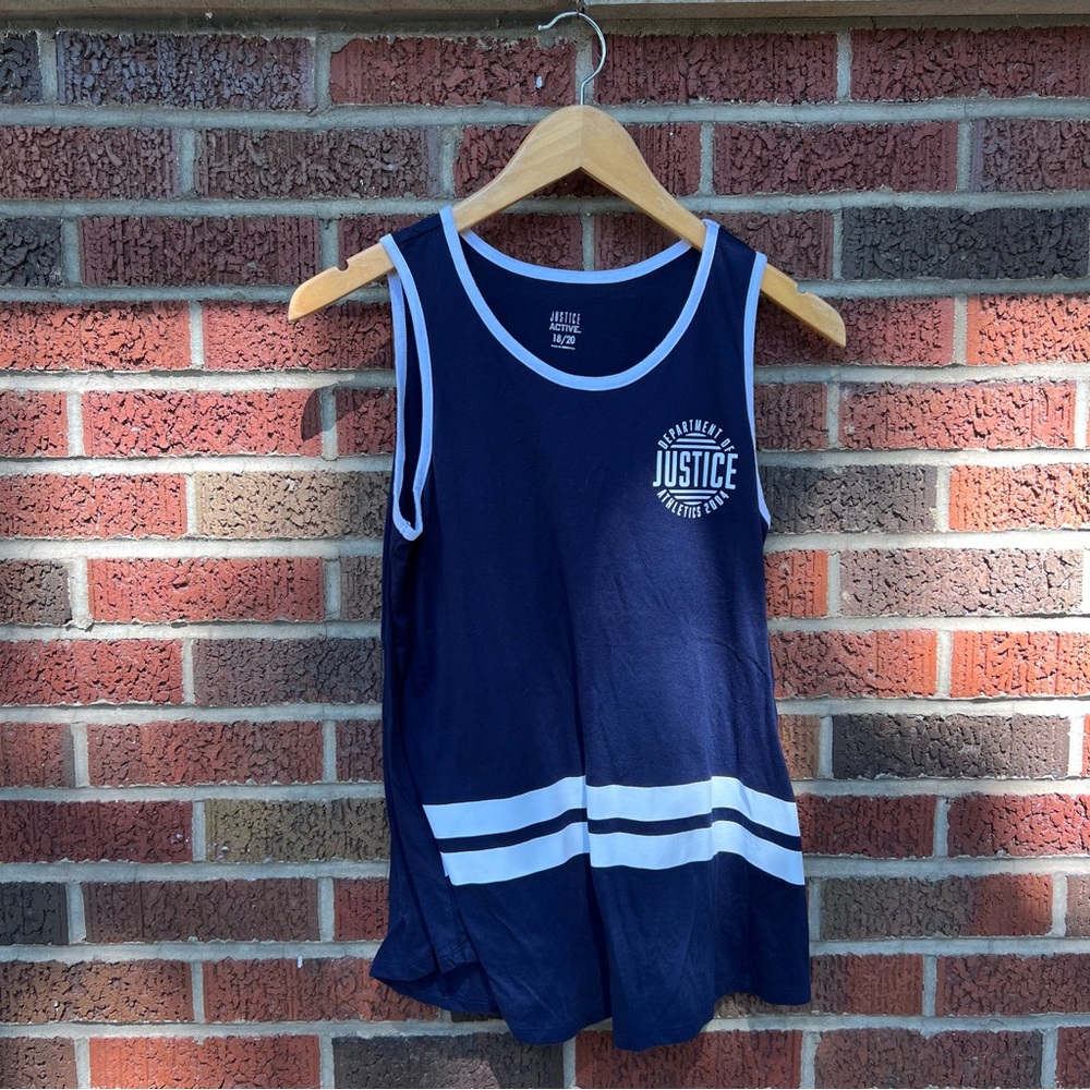 Justice Navy Blue and White Varsity Striped Ringer Sleeveless Tank Top